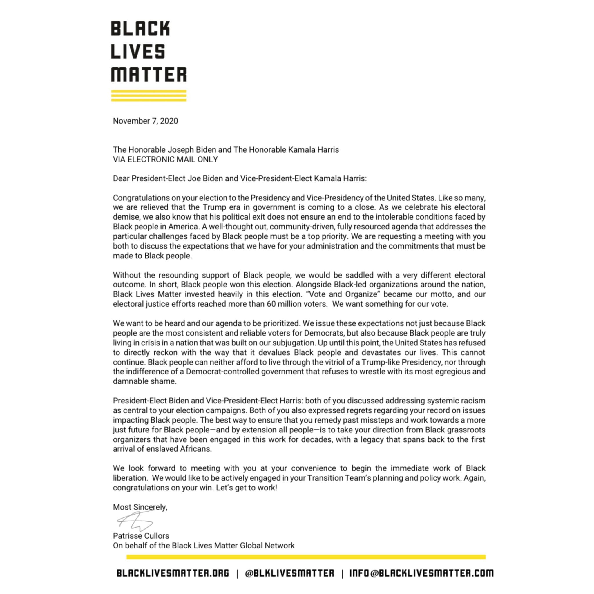 BLM letter to President-elect Joe Biden and Vice-president-elect Kamala Harris